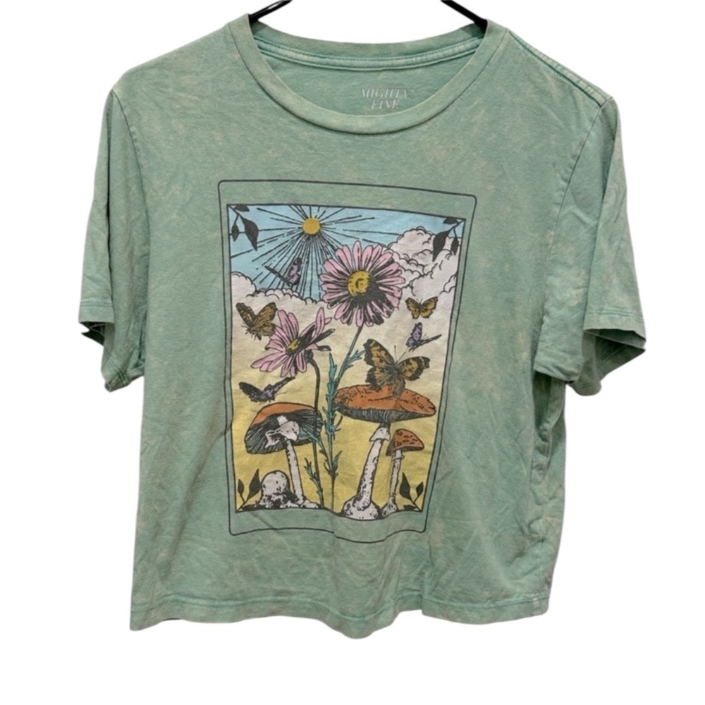 Mighty Fine Green Graphic Tee with Floral and Mushroom Design Women’s Medium